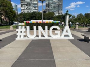 Photo of the large #UNGA letters outside of the UN HQ in New York
