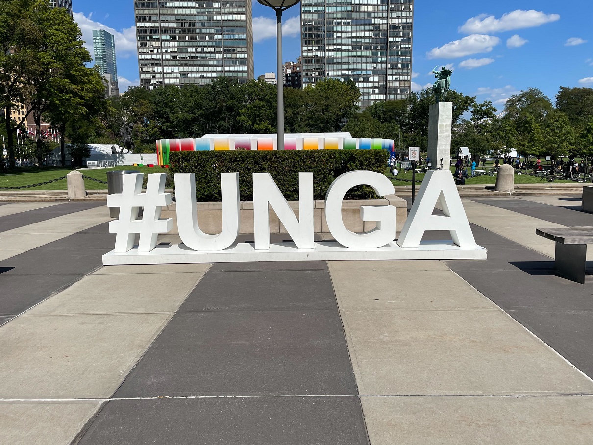 Photo of the large #UNGA letters outside of the UN HQ in New York