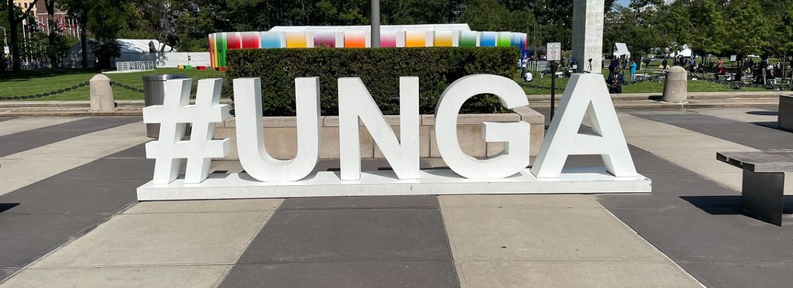 Photo of the large #UNGA letters outside of the UN HQ in New York